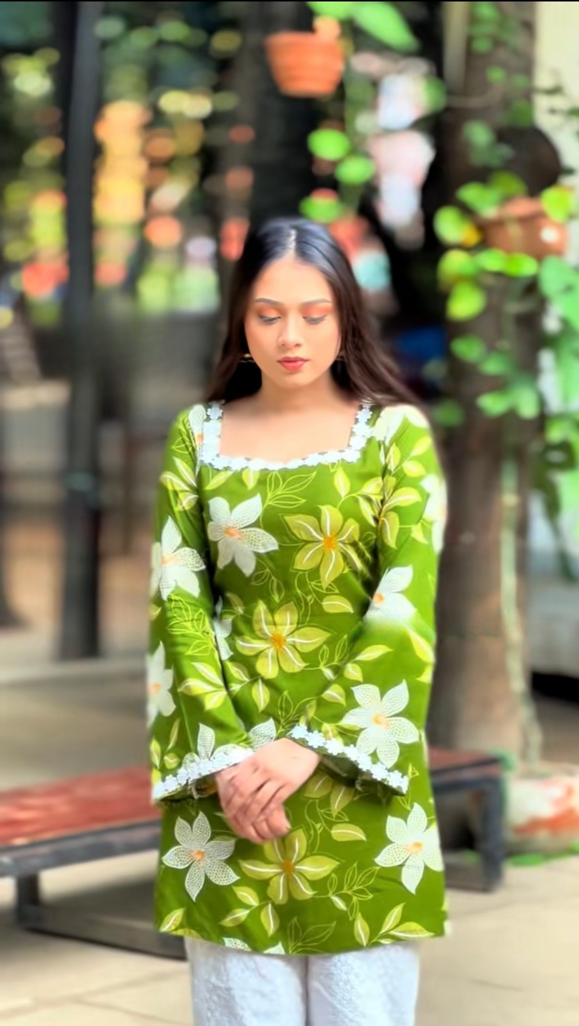 Olive Green Floral Print Kurti with Lace Trim Detail