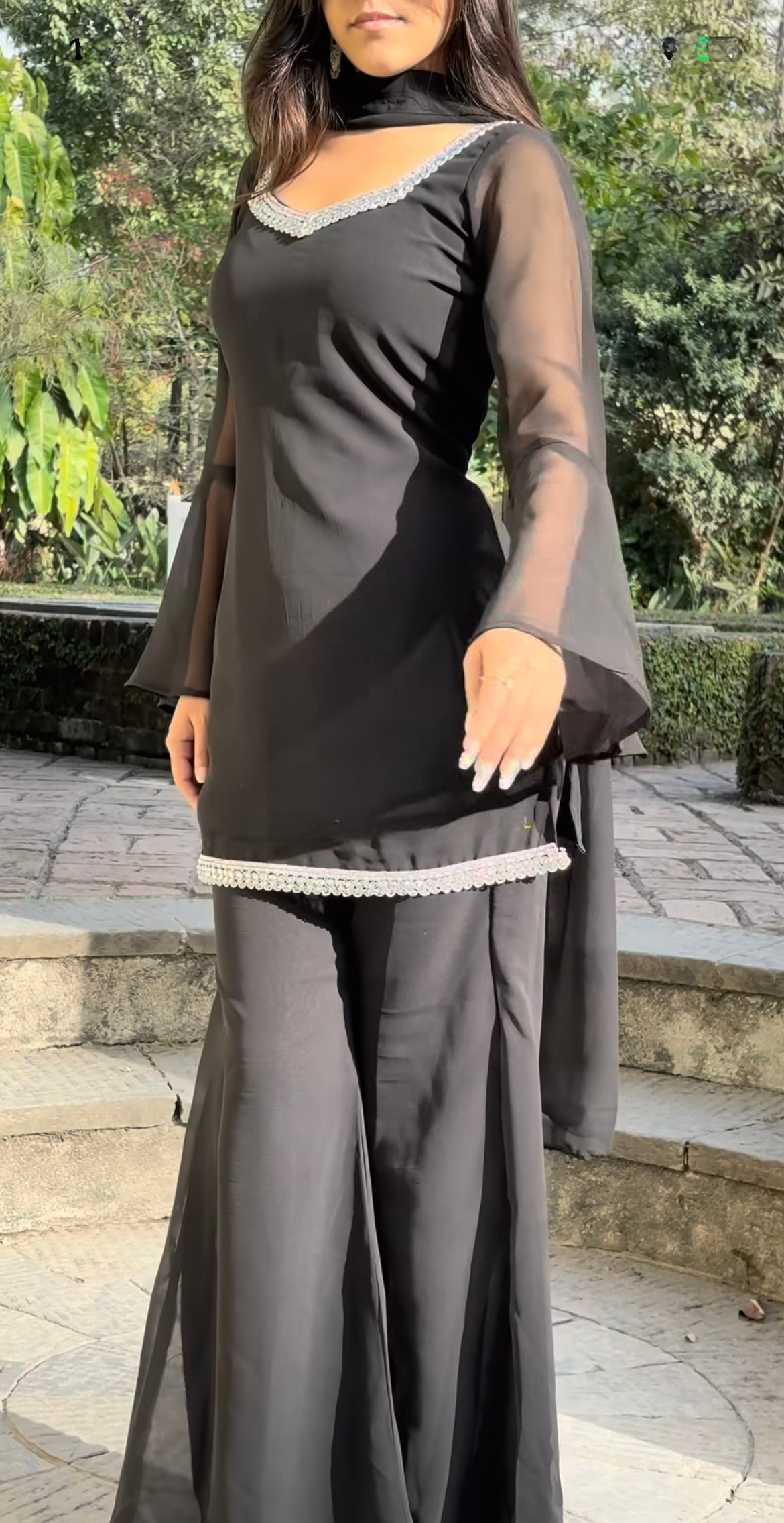 Black Georgette Sharara Set with Silver Lace Detailing