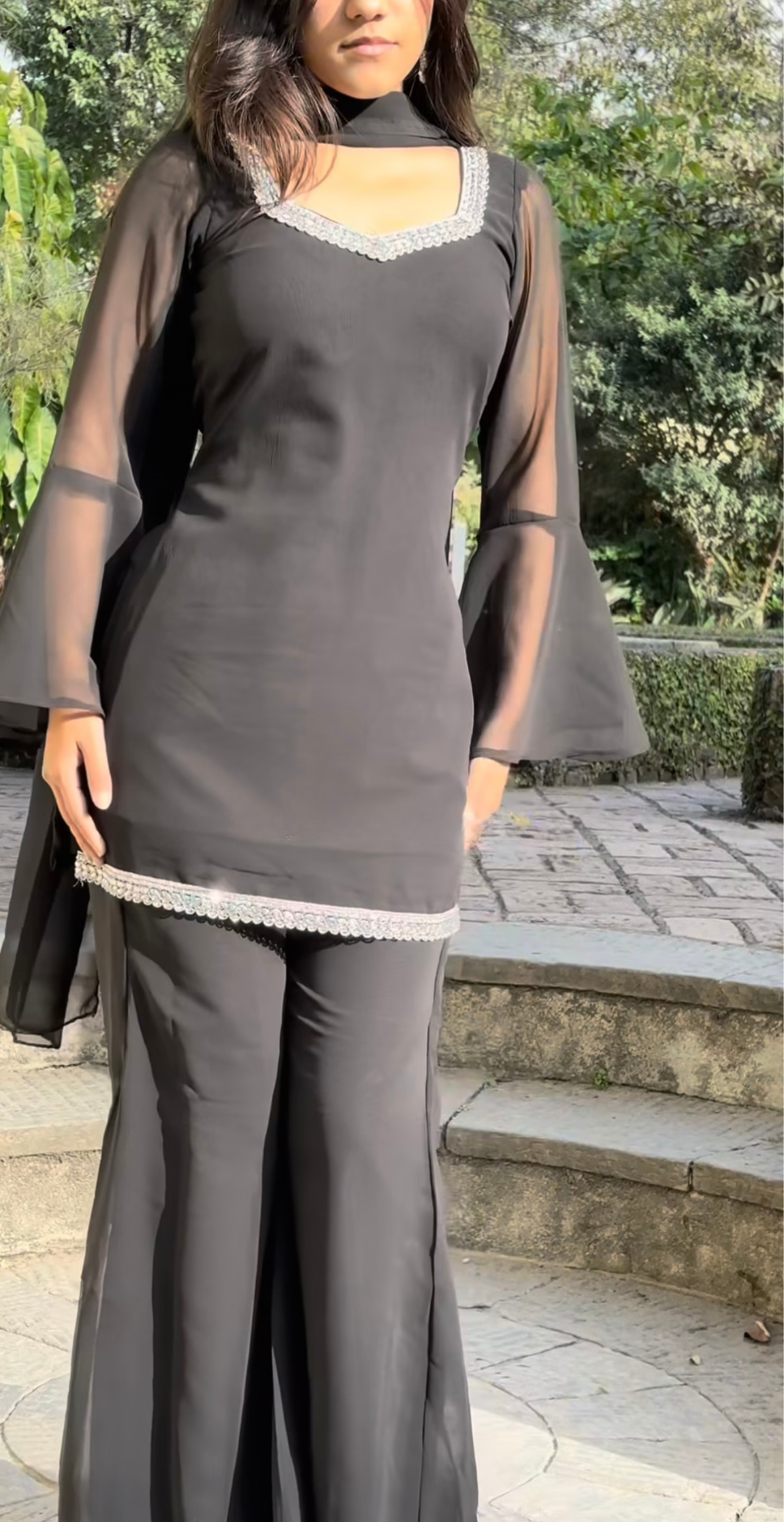 Black Georgette Sharara Set with Silver Lace Detailing