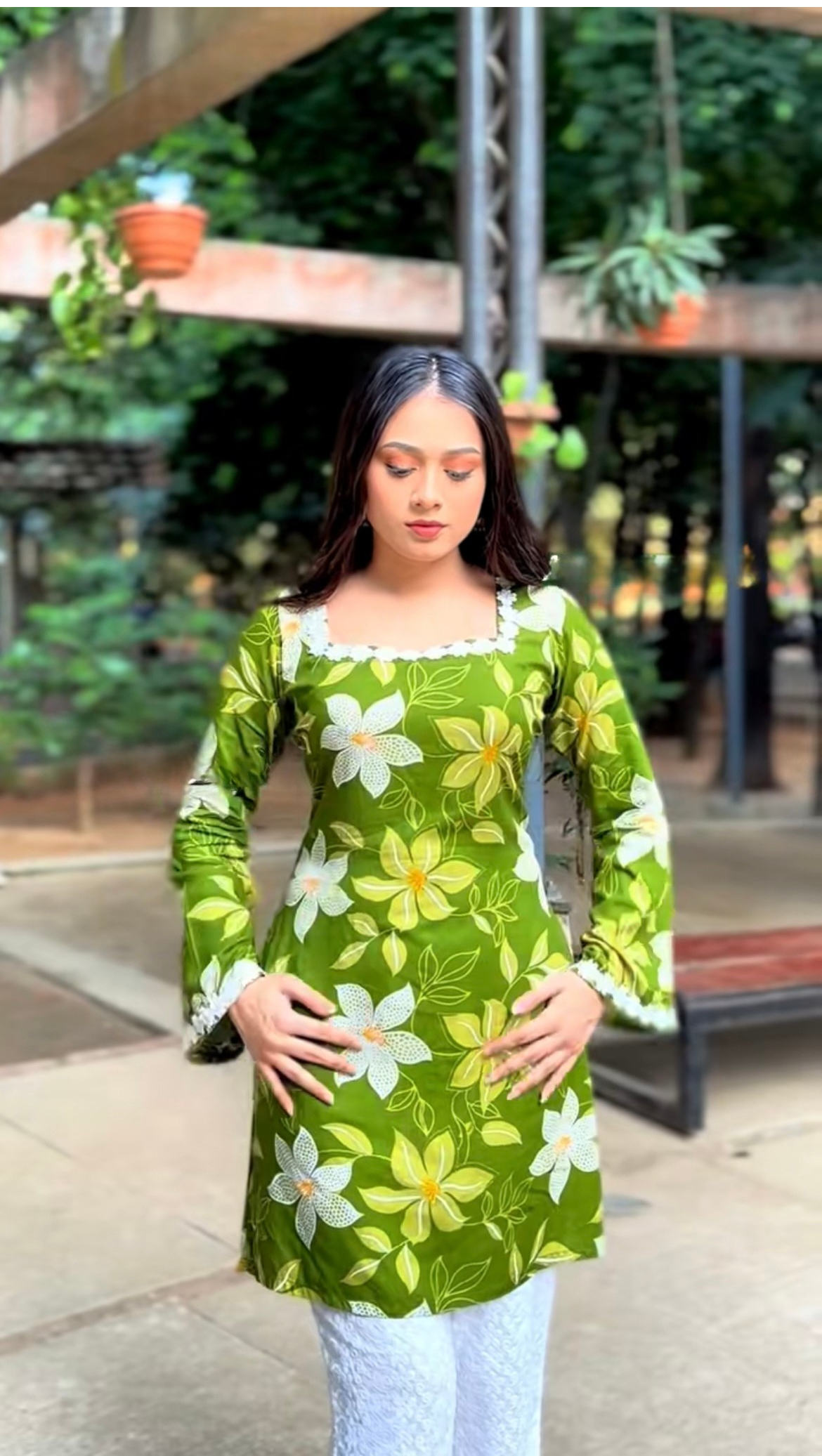 Olive Green Floral Print Kurti with Lace Trim Detail
