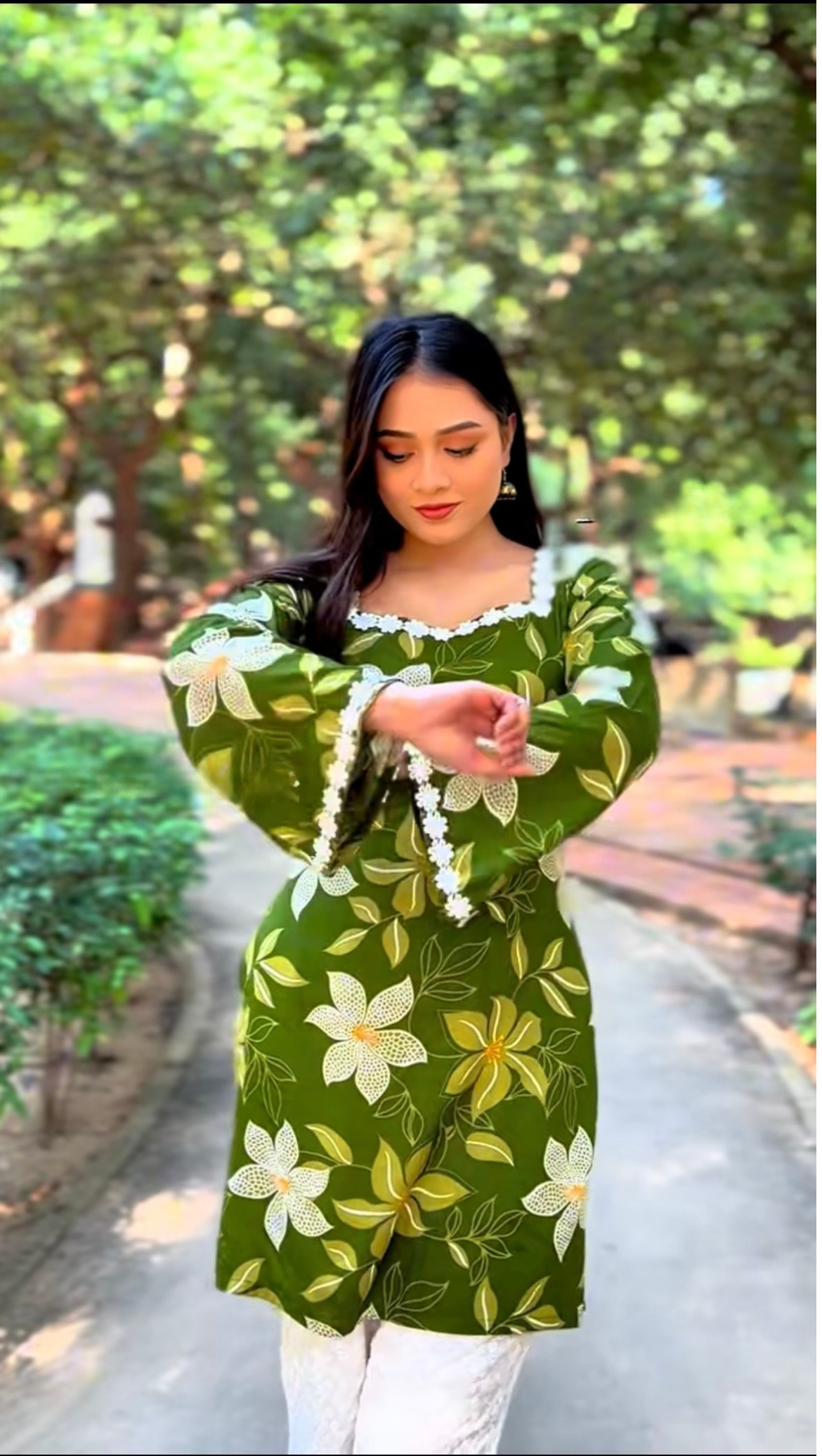 Olive Green Floral Print Kurti with Lace Trim Detail