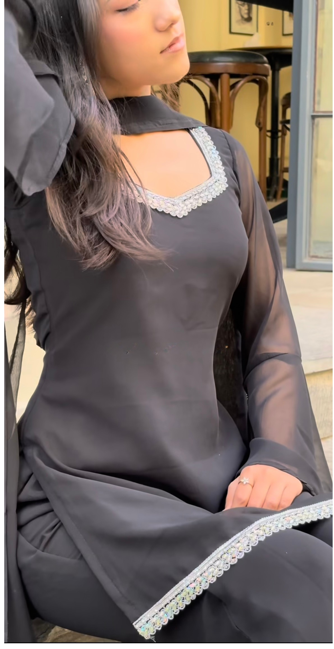 Black Georgette Sharara Set with Silver Lace Detailing