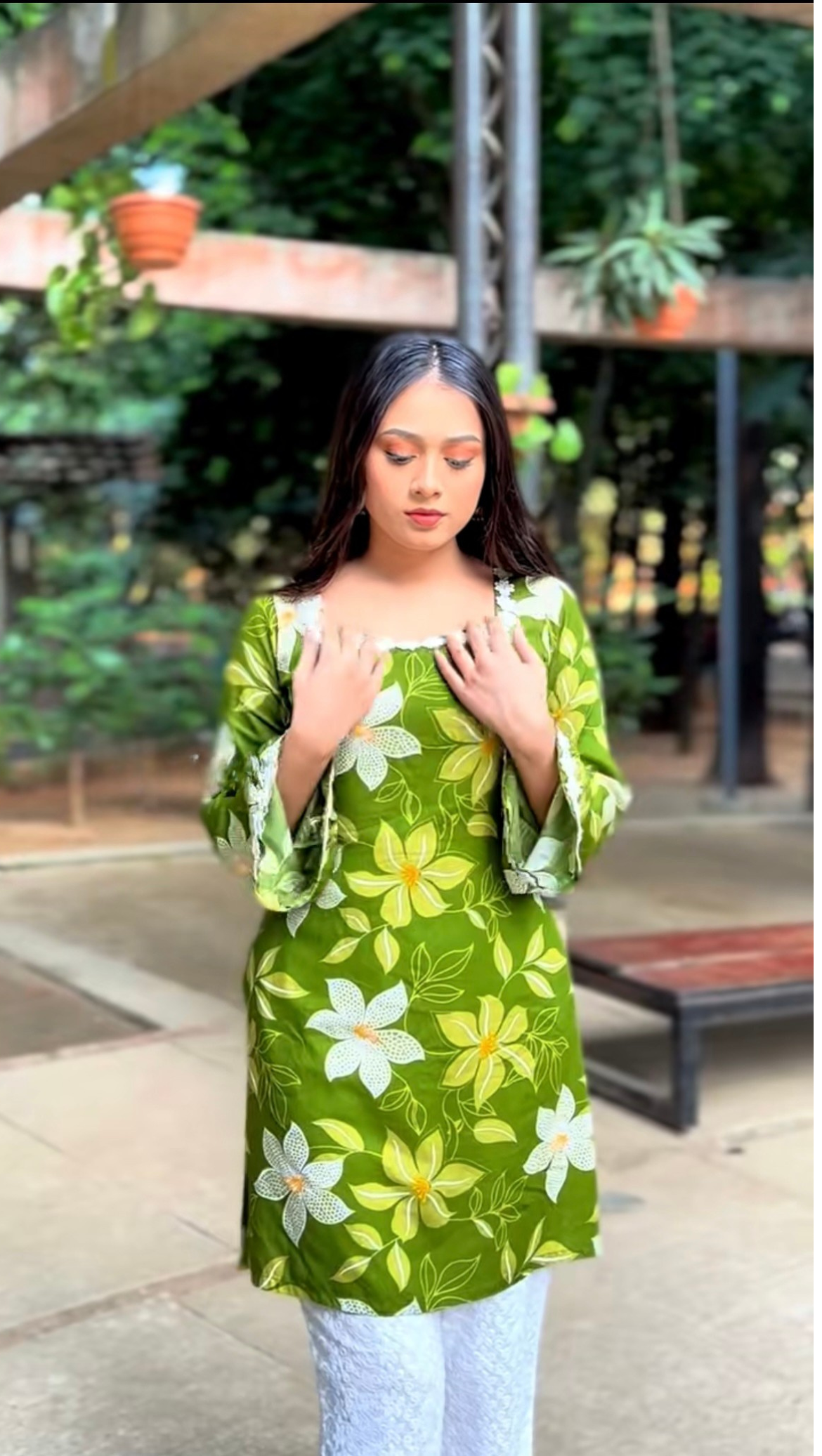 Olive Green Floral Print Kurti with Lace Trim Detail