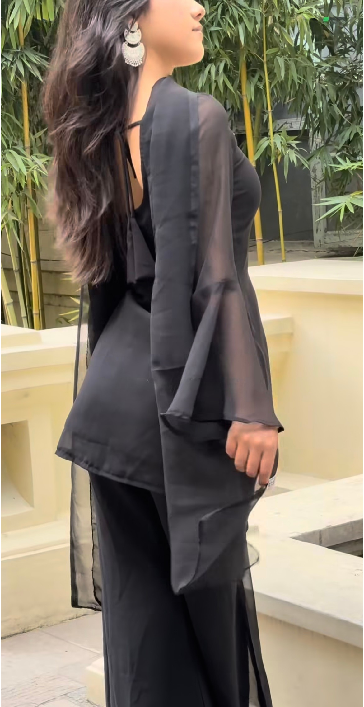 Black Georgette Sharara Set with Silver Lace Detailing