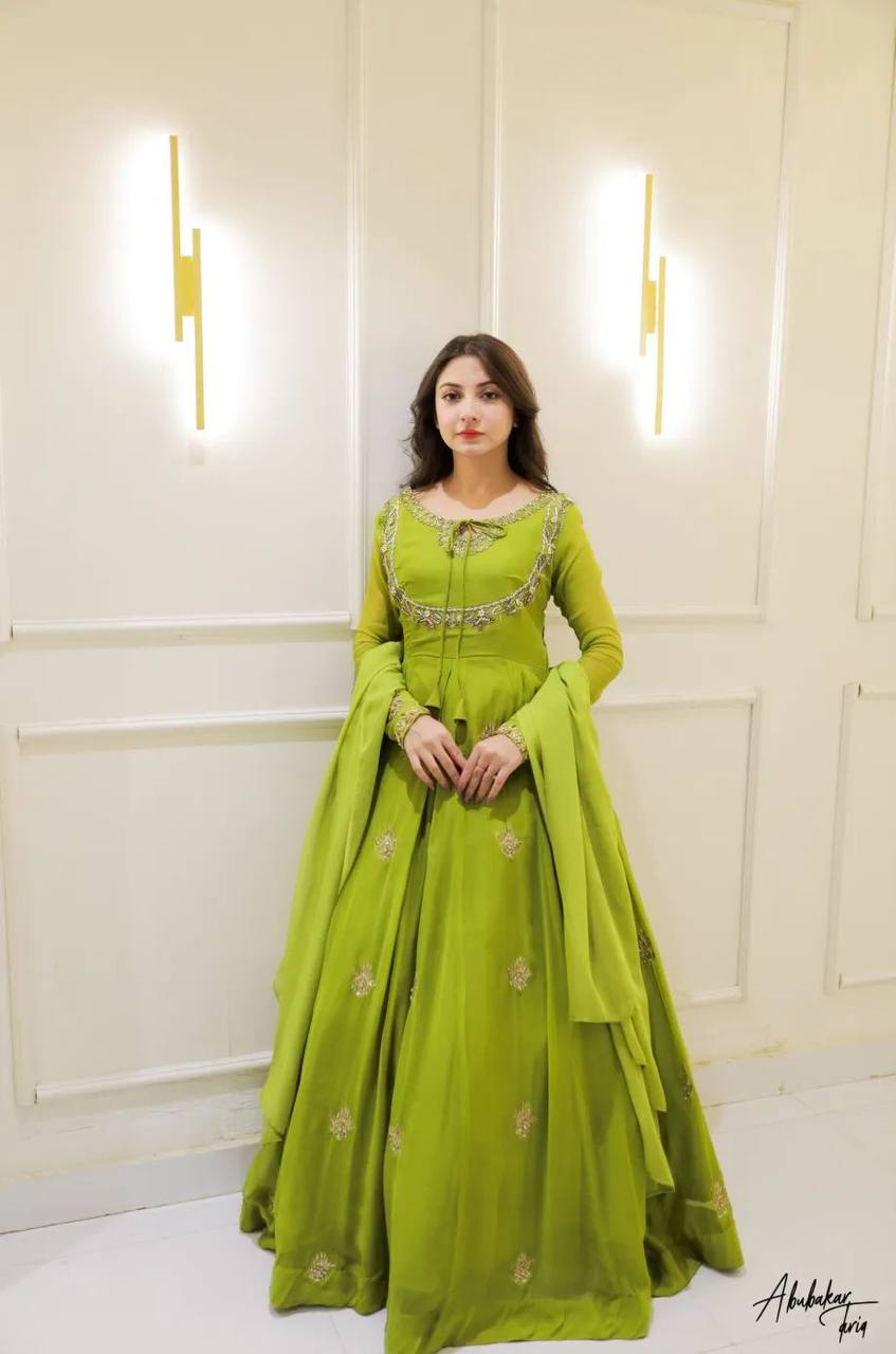 Lime Green Embroidered Georgette Anarkali Gown