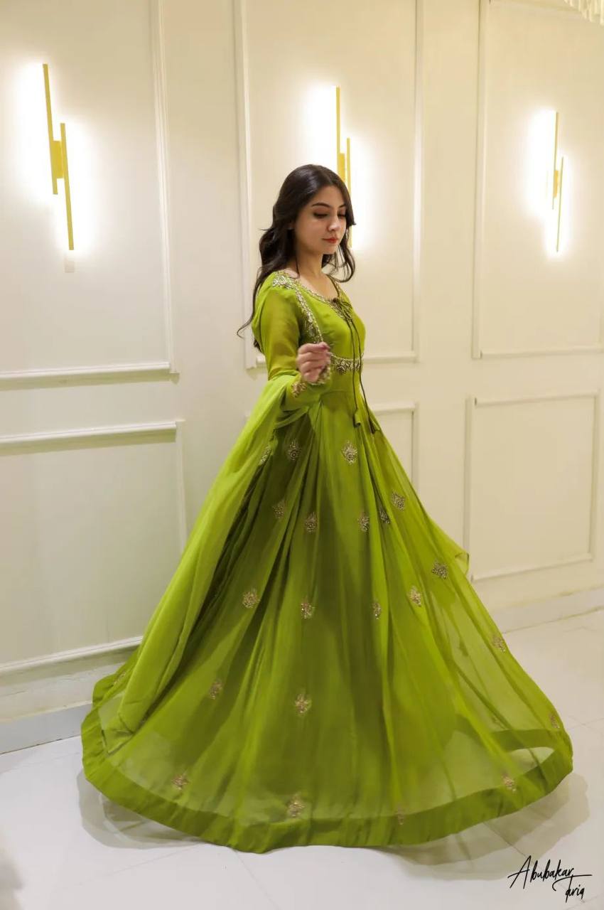 Lime Green Embroidered Georgette Anarkali Gown