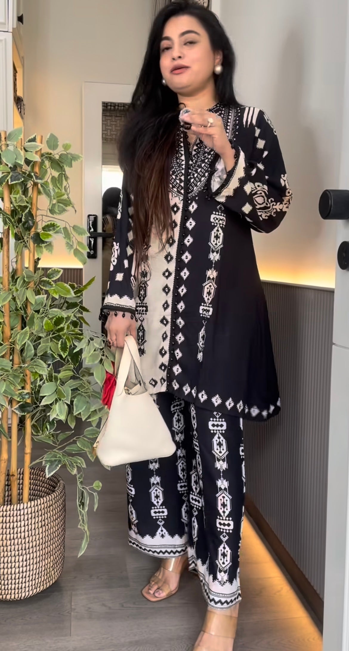 Monochrome Ethnic Print Kurti & Palazzo Set