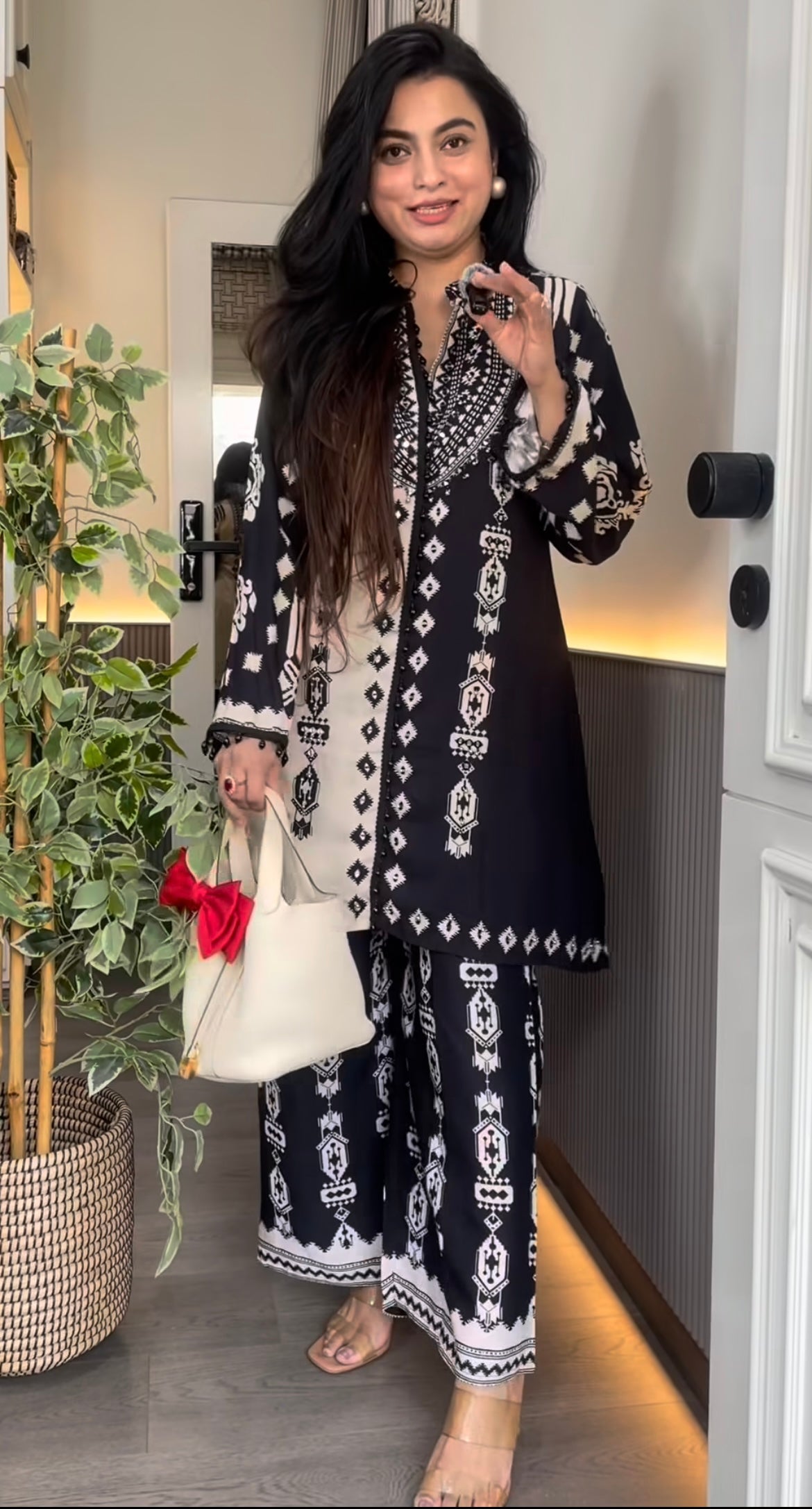 Monochrome Ethnic Print Kurti & Palazzo Set