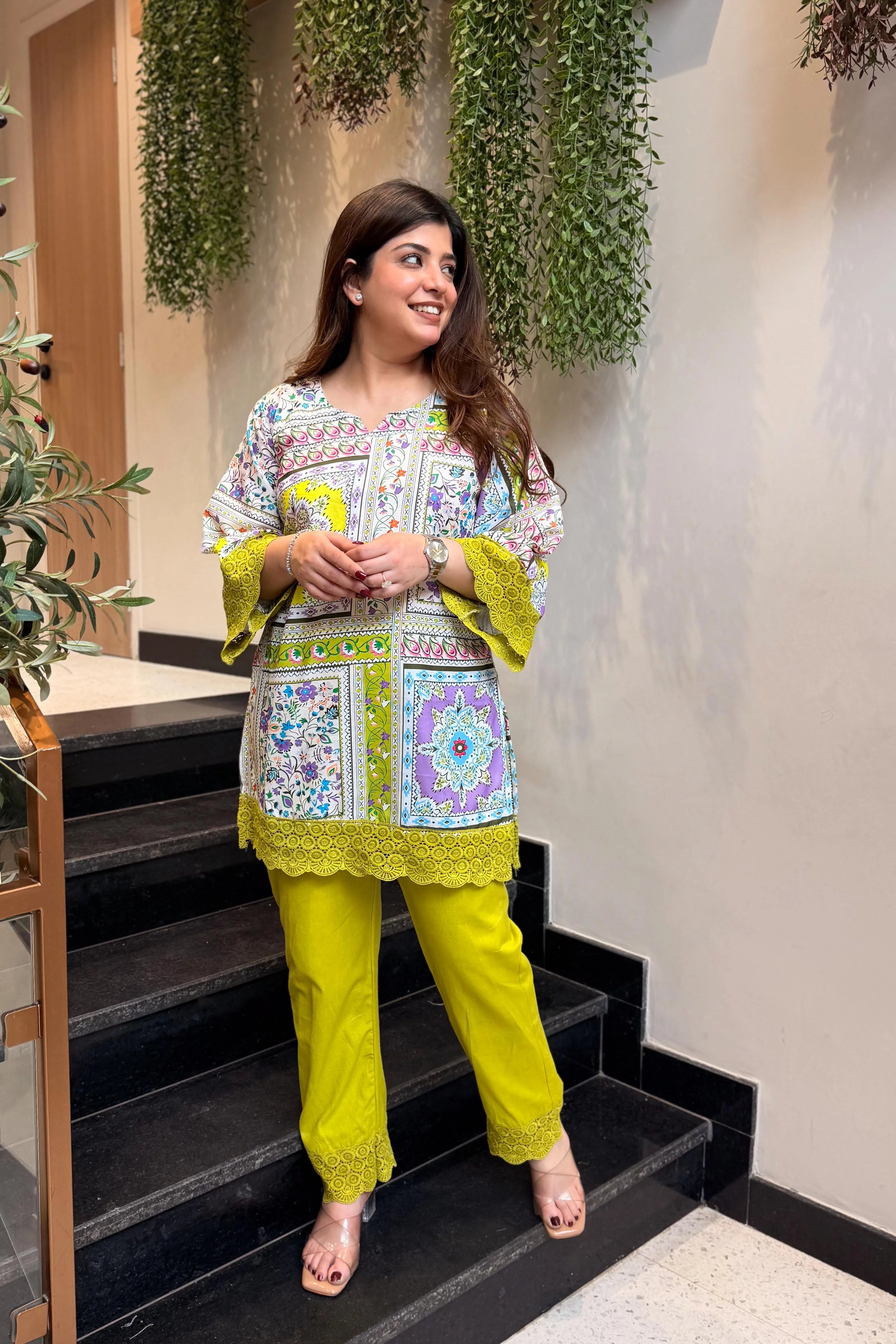 “Lime Bloom Printed Kurti Co-ord Set”