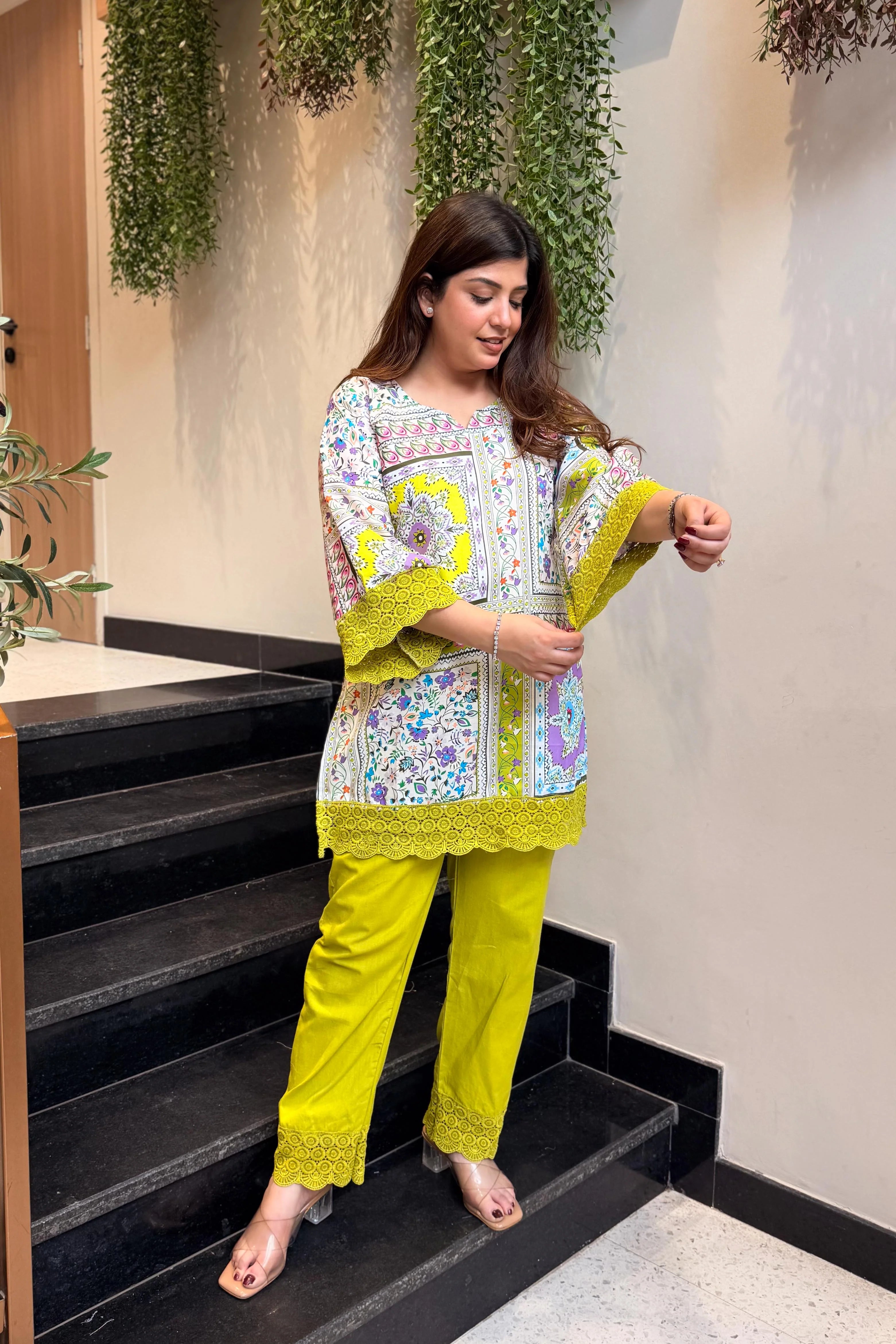 “Lime Bloom Printed Kurti Co-ord Set”