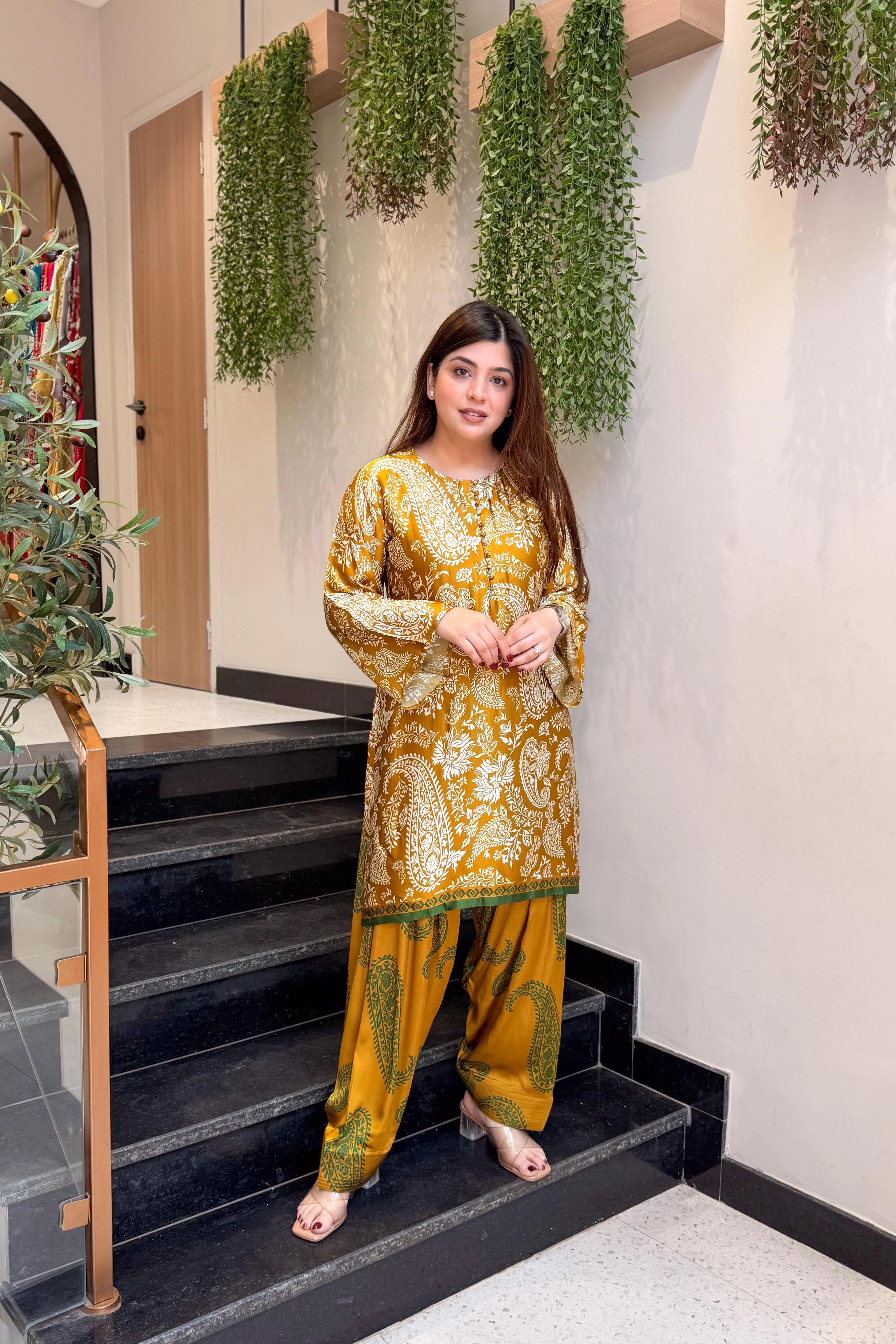 Ethnic Mustard Printed Kurta Pant Set
