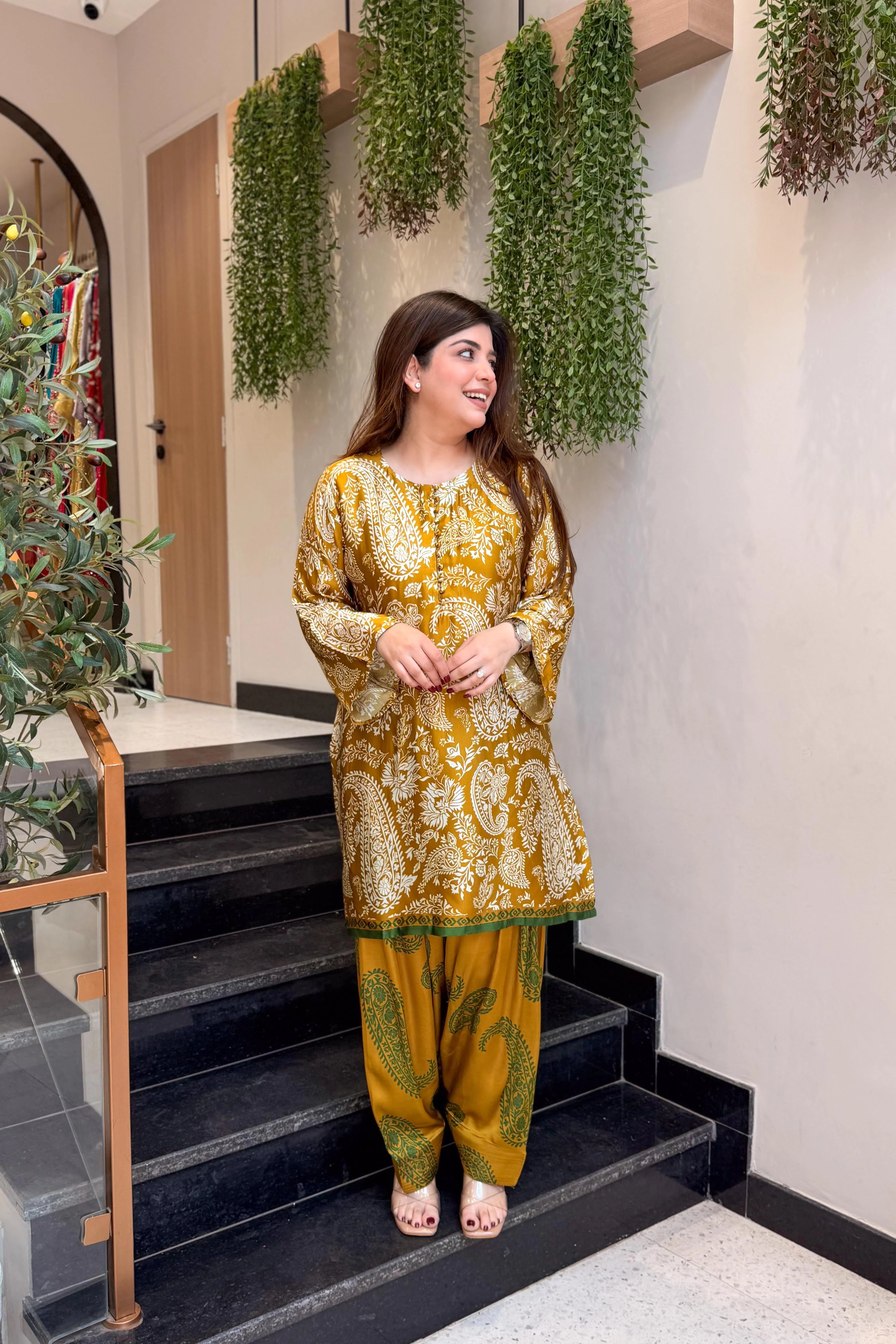 Ethnic Mustard Printed Kurta Pant Set