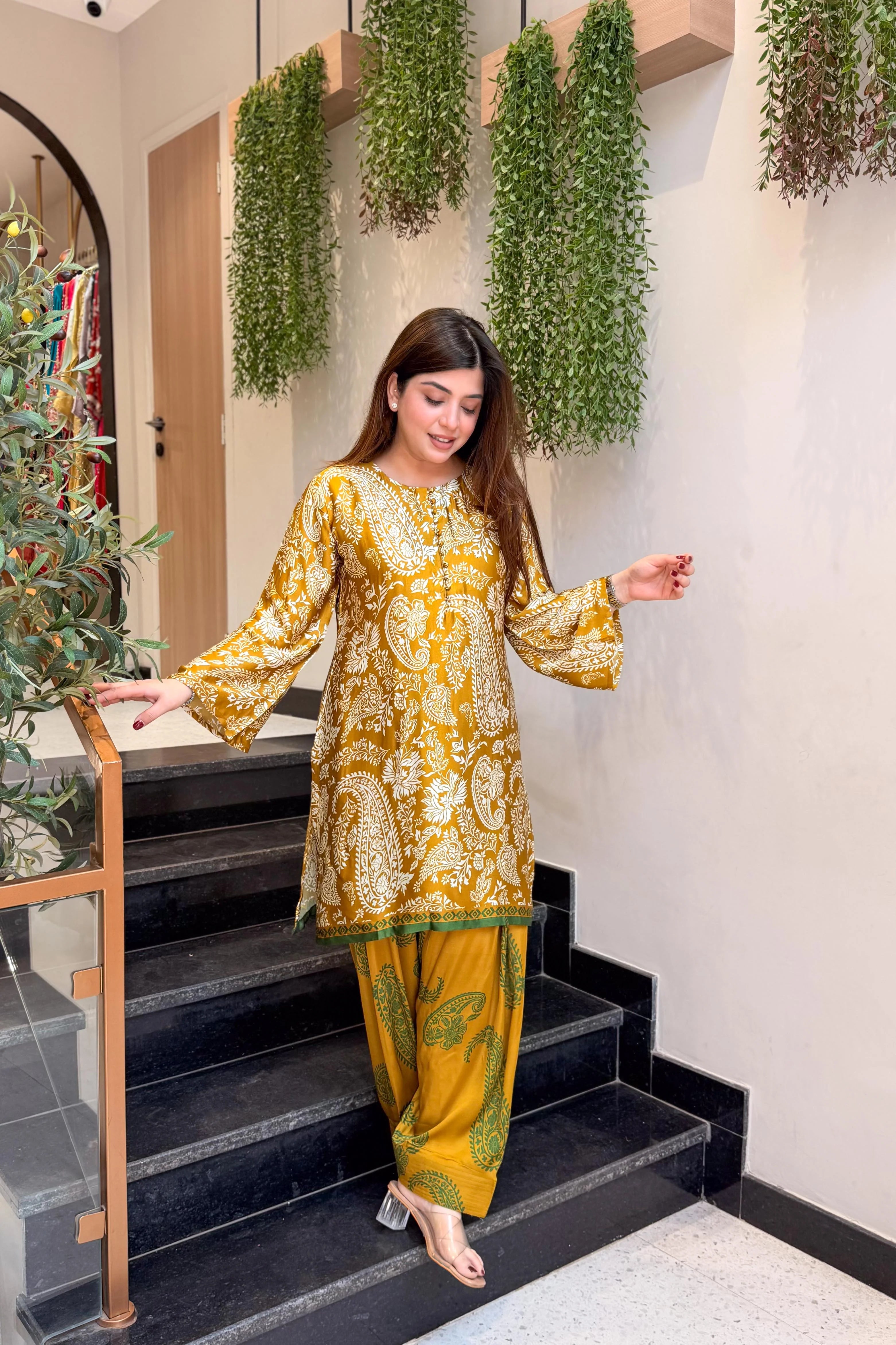 Ethnic Mustard Printed Kurta Pant Set