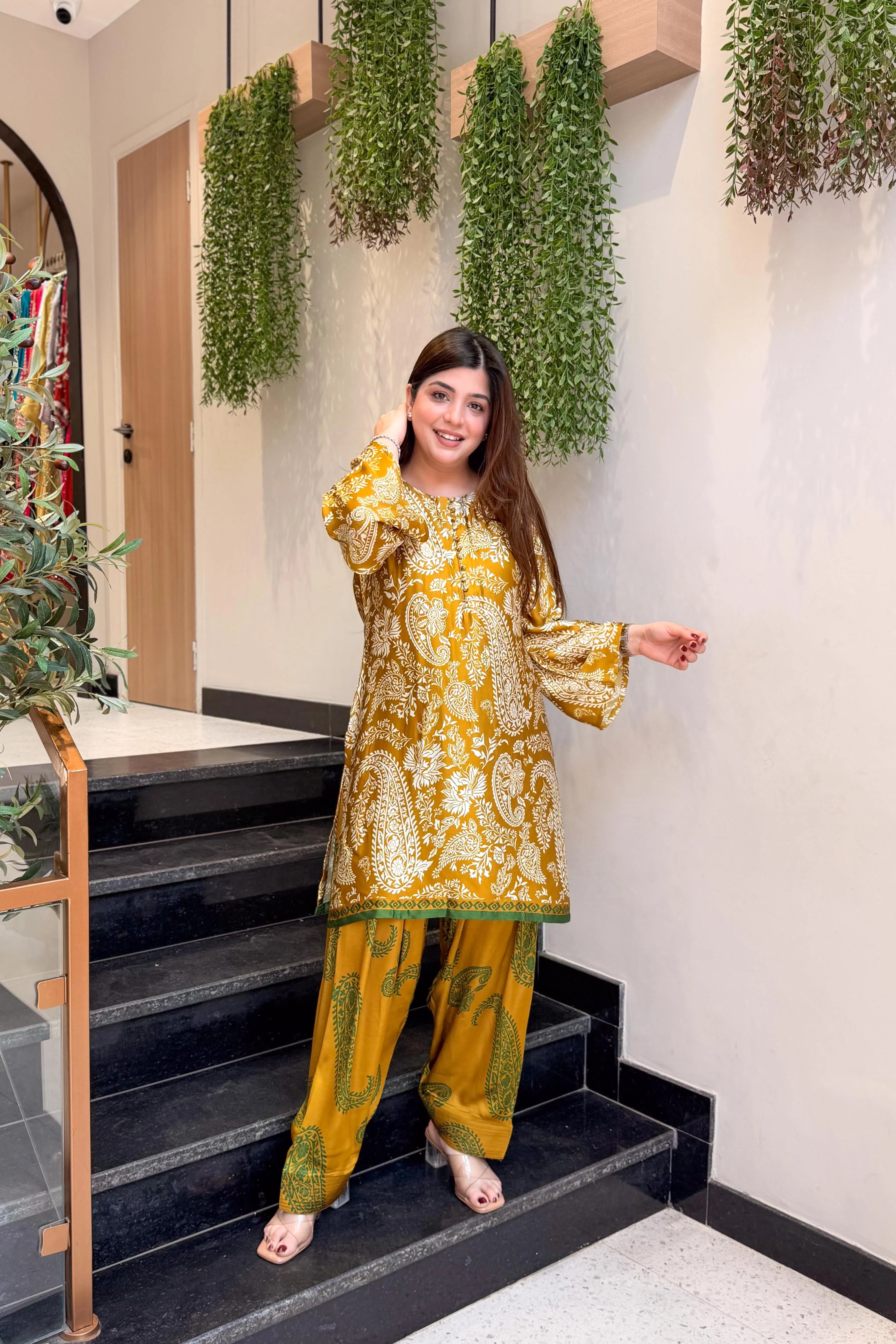 Ethnic Mustard Printed Kurta Pant Set