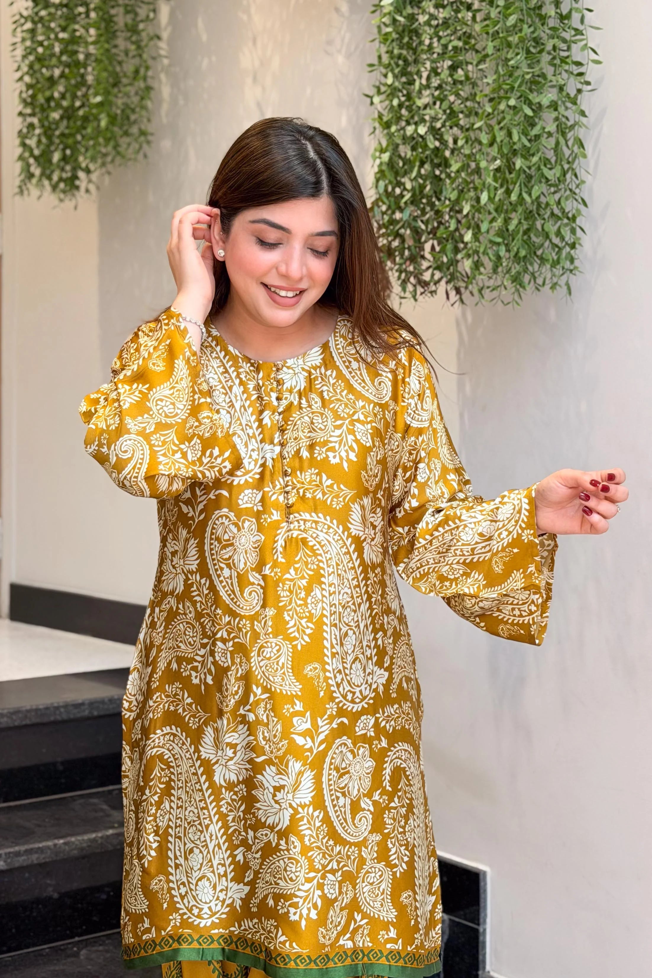 Ethnic Mustard Printed Kurta Pant Set