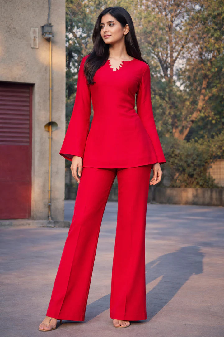 Red Scallop Neck Bell Sleeve Kurti with Flared Pants Co-ord Set