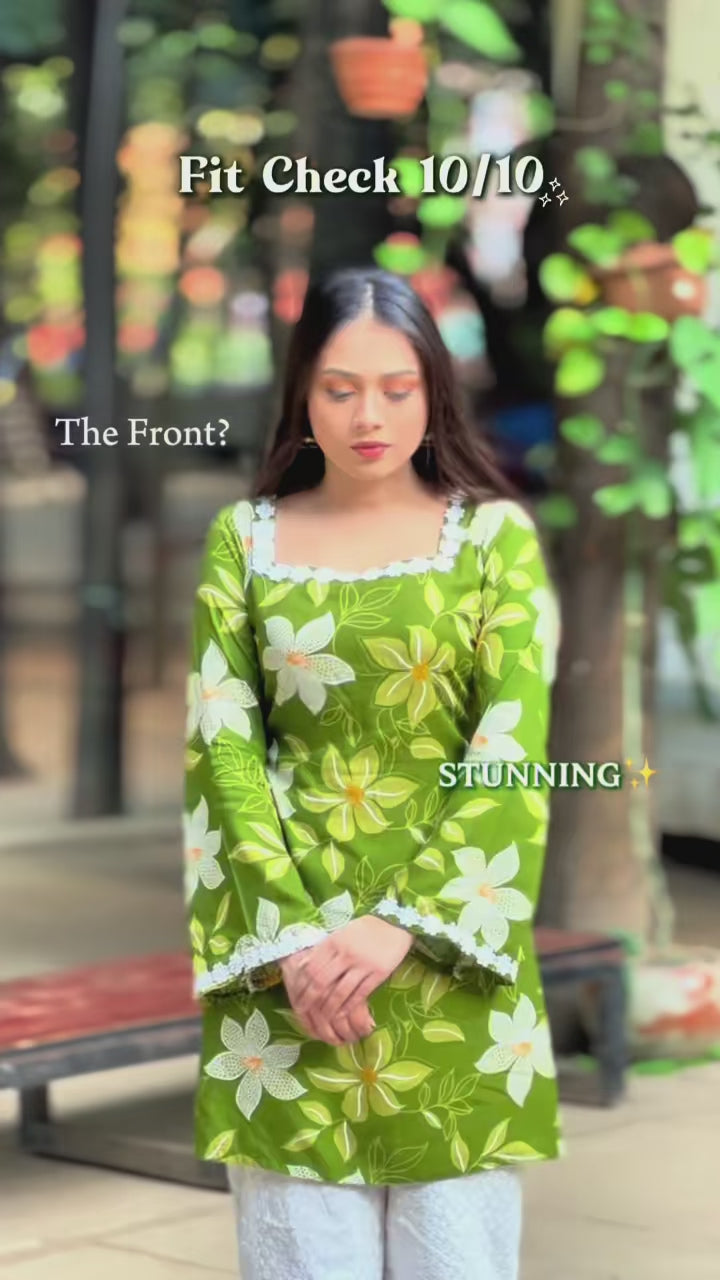Olive Green Floral Print Kurti with Lace Trim Detail