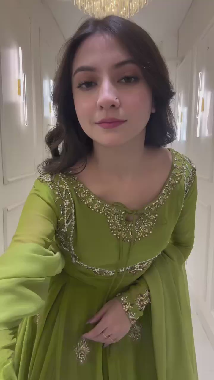 Lime Green Embroidered Georgette Anarkali Gown