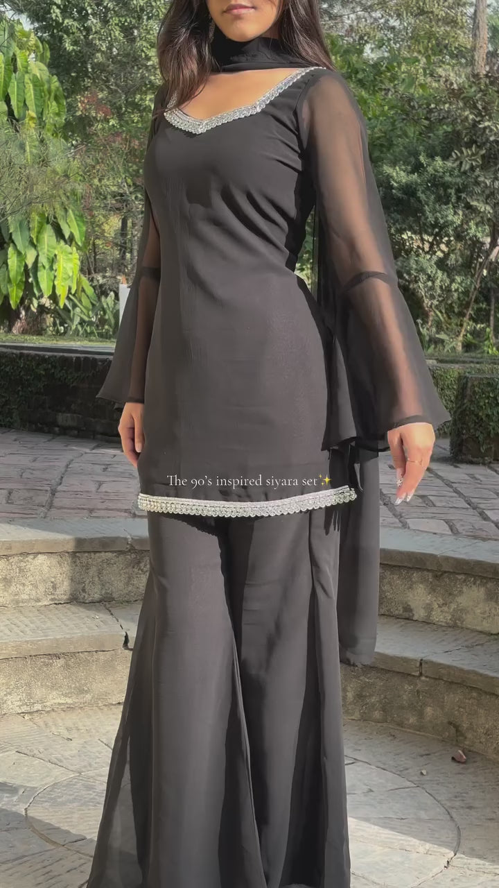 Black Georgette Sharara Set with Silver Lace Detailing