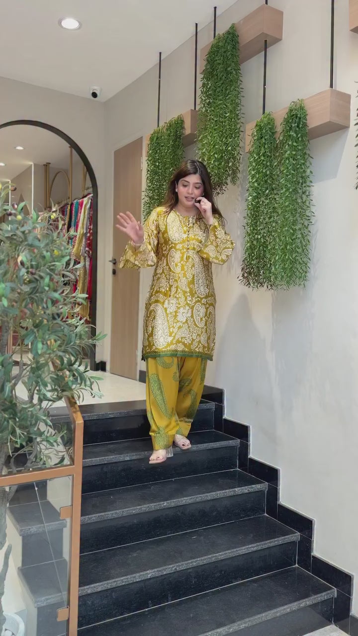 Ethnic Mustard Printed Kurta Pant Set