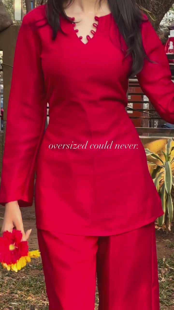 Red Scallop Neck Bell Sleeve Kurti with Flared Pants Co-ord Set