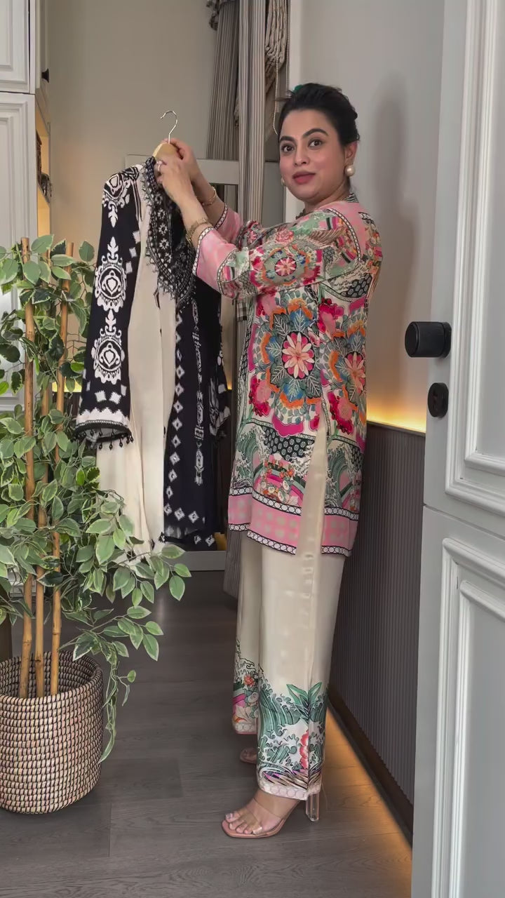 Monochrome Ethnic Print Kurti & Palazzo Set