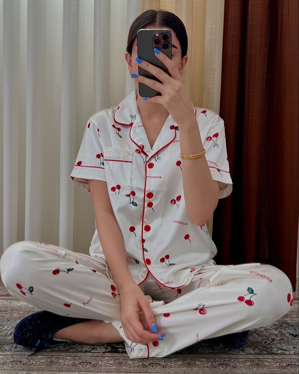 White Satin Cherry Print Women’s Night Suit Set